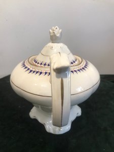 Fine Ornate Porcelain Napoleonic’Limoges’ France Floral Decoration And Gilt Work Teapot Bullet Shaped Teapot With Pineapple Lid Motif Ornate Handle, Cartouche Spout And Base With Ornate Floral Artwork Gilt Bands And Deep Blue Floral Decoration Around The Top Condition - Excellent No Damage There Are Some Signs Of Wear On Gilt Work Due To Age Dimensions In Inches Height 8” Width 11”