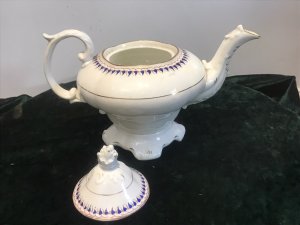 Fine Ornate Porcelain Napoleonic’Limoges’ France Floral Decoration And Gilt Work Teapot Bullet Shaped Teapot With Pineapple Lid Motif Ornate Handle, Cartouche Spout And Base With Ornate Floral Artwork Gilt Bands And Deep Blue Floral Decoration Around The Top Condition - Excellent No Damage There Are Some Signs Of Wear On Gilt Work Due To Age Dimensions In Inches Height 8” Width 11”