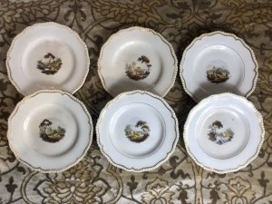 Rare 8Pc Collection Of Limoges France Hand Painted Dessert Comport Plates. Circa 1875 Stunning 8Pc Collection Of Porcelain Comport Plates With Scalloped Gilt Edges With Fine Painted Panels Of Various Landscapes In France Depicting Castles, Cathedrals, River Bridges And Fisherman. Two Plates With Shell Carry Handles For Carrying Desserts And BonBons To The Table Would Be A Fabulous On The Wall Display But Are Perfectly Good To Use Also. Unsigned Please Note There Is A Slight Crack In One Plate Due To Age And Usage. These Are Antique Plates And Have Signs Of Wear Dimensions In Inches Larger Handle Plate - Width 11.5” Diameter 10” 2nd Plate Width With Handle - Width 10.5 Diameter 9.5” 6 Plates Uniform Size Diameter - 9”