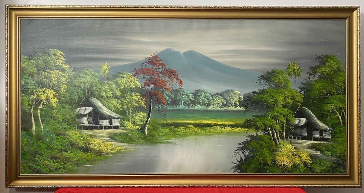 20th Century Indonesian Native Volcanic Settlement Landscape Oil Painting