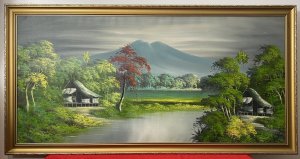 20th Century Indonesian Native Volcanic Settlement Landscape Oil Painting. Medium - Oil On Canvas Circa - 20th Century Striking Background Mountain View Looms With Meandering River With Intricately Painted Native Pagoda Homes In The Foreground. Surrounded By Exotic Foliage Of Palms, Banana Plants And Other Native Specimens. Stunning Perspective With Vibrant Hues Of Green With Blue Volcanic Mountain & Shadows And Accents Of Rich Red. Set In Gilt Wood Frame Unsigned Dimensions In Inches Height 26.5” Width 31.5”