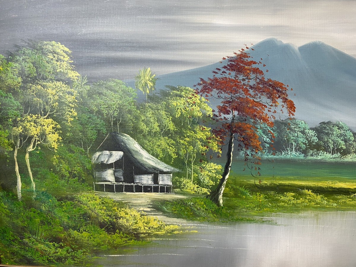 20th Century Indonesian Native Volcanic Settlement Landscape Oil Painting