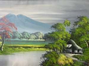 20th Century Indonesian Native Volcanic Settlement Landscape Oil Painting. Medium - Oil On Canvas Circa - 20th Century Striking Background Mountain View Looms With Meandering River With Intricately Painted Native Pagoda Homes In The Foreground. Surrounded By Exotic Foliage Of Palms, Banana Plants And Other Native Specimens. Stunning Perspective With Vibrant Hues Of Green With Blue Volcanic Mountain & Shadows And Accents Of Rich Red. Set In Gilt Wood Frame Unsigned Dimensions In Inches Height 26.5” Width 31.5”