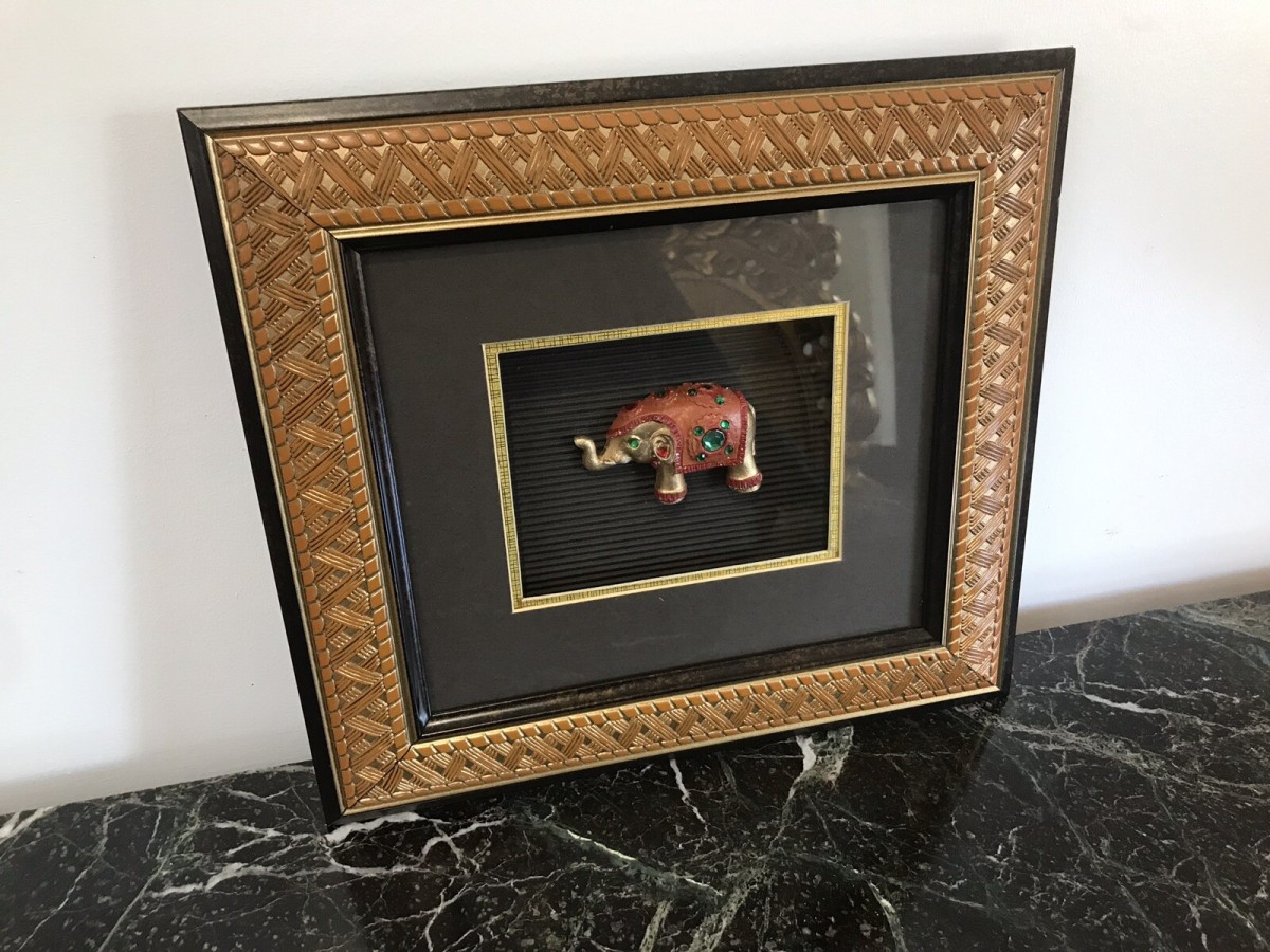 Indian Minature Carved Elephant In A Carved Guilt Picture Frame