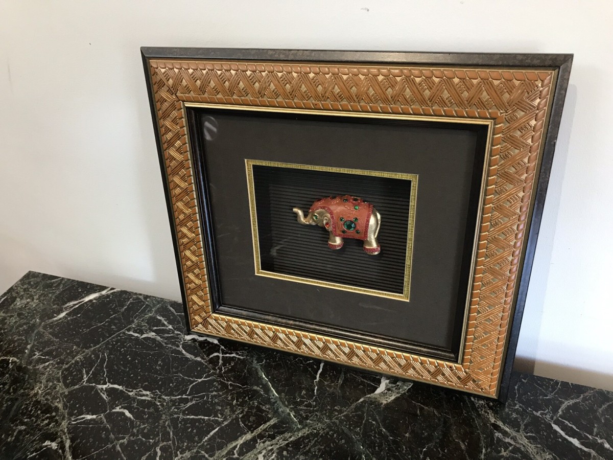 Indian Minature Carved Elephant In A Carved Guilt Picture Frame
