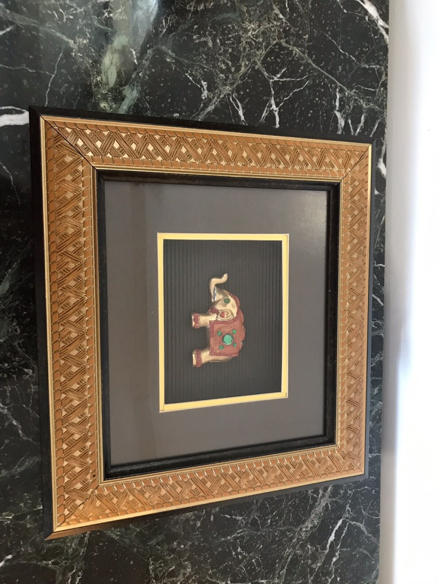 Indian Minature Carved Elephant In A Carved Guilt Picture Frame