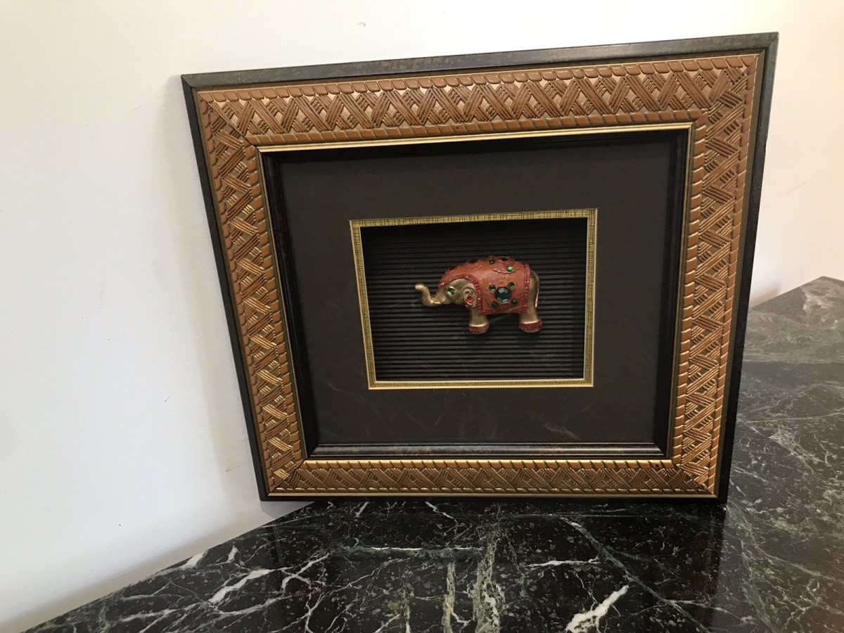 Indian Minature Carved Elephant In A Carved Guilt Picture Frame