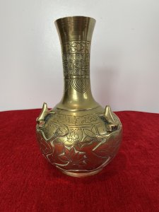 Ornate Chinese Brass Temple Vase With Frogs And Lotus Leaf Engraved Decoration. Circa ~ 1880 Thin Stem Neck Adorned With Cloud And Maze Decorative Engravings With Bulbous Base Decorated With Frogs, Lilly Pads And Lotus Leaves. Very Unusual Piece With Harlequin Decoration On The Base. A Heavy Piece Which Has Been Very Finely Engraved. Unsigned Dimensions In Inches Height 10” Width 6.5”