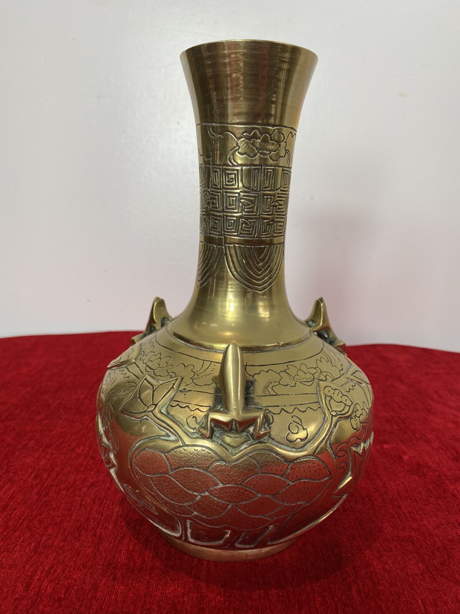 Ornate Chinese Brass Temple Vase With Frogs And Lotus Leaf Engraved Decoration