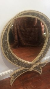 Stunning Vintage Italianate Bow Design Wall Mirror Incredible Unusual Shape Solid Marble With Brass Inlay With Solid Wood Back Exceptionally Heavy Quality Hand Crafted Item Weight Approx 30kg Dimensions In Inches Height 46” Width 28”