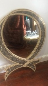 Stunning Vintage Italianate Bow Design Wall Mirror Incredible Unusual Shape Solid Marble With Brass Inlay With Solid Wood Back Exceptionally Heavy Quality Hand Crafted Item Weight Approx 30kg Dimensions In Inches Height 46” Width 28”