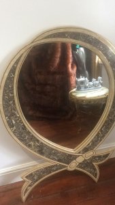 Stunning Vintage Italianate Bow Design Wall Mirror Incredible Unusual Shape Solid Marble With Brass Inlay With Solid Wood Back Exceptionally Heavy Quality Hand Crafted Item Weight Approx 30kg Dimensions In Inches Height 46” Width 28”