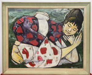 ‘Sleeping Geisha’ Contemporary Oil Artwork By Michael Jenkins Of Cumbria. Circa - 1966 20th Century Work Of Art Beautiful Oil Artwork Showing A Japanese Geisha Sleeping With Distinctive Appearance Wearing A Traditional Long Purple/ Red Kimono Gown With White Belt Tie At The Waist And Traditional Taka Shimala- Nihongami Wig. Wonderful Details With Striking Contemporary Pose Using Extremely Vibrant Colours. *The Colour Purple In Japan Denotes Royalty. * Geisha Are Japanese Art Entertainers That Practice Traditional Artforma Such As Dance & Singing. Very Pleasing Contemporary Artwork..Modern Art At It’s Best! A Beautiful Piece For Modern Apartment Setting Or Modern Home Centre Piece. Signed By Artist (Bottom Right Corner) & Set In Pale Green Painted Wood Frame. Brief Artist History Michael was born in London and educated in England, Scotland and Germany. He was always interested in art from an early age and at school was given freedom and encouragement to explore his grand passion whenever possible. Aged 15, he spent three weeks alone in Florence where he apparently “discovered” Renaissance art and on his first visit to the Uffizi, he says the vision of Botticelli’s Birth of Venus was an epiphany. He has taught in schools in Oxford, Canada, Scotland and lived and worked in the Lake District since 1972, retiring in 1996. Dimensions In Inches Height 27.5” Width 33.5” Frame Depth 2.5”