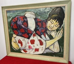 ‘Sleeping Geisha’ Contemporary Oil Artwork By Michael Jenkins Of Cumbria. Circa - 1966 20th Century Work Of Art Beautiful Oil Artwork Showing A Japanese Geisha Sleeping With Distinctive Appearance Wearing A Traditional Long Purple/ Red Kimono Gown With White Belt Tie At The Waist And Traditional Taka Shimala- Nihongami Wig. Wonderful Details With Striking Contemporary Pose Using Extremely Vibrant Colours. *The Colour Purple In Japan Denotes Royalty. * Geisha Are Japanese Art Entertainers That Practice Traditional Artforma Such As Dance & Singing. Very Pleasing Contemporary Artwork..Modern Art At It’s Best! A Beautiful Piece For Modern Apartment Setting Or Modern Home Centre Piece. Signed By Artist (Bottom Right Corner) & Set In Pale Green Painted Wood Frame. Brief Artist History Michael was born in London and educated in England, Scotland and Germany. He was always interested in art from an early age and at school was given freedom and encouragement to explore his grand passion whenever possible. Aged 15, he spent three weeks alone in Florence where he apparently “discovered” Renaissance art and on his first visit to the Uffizi, he says the vision of Botticelli’s Birth of Venus was an epiphany. He has taught in schools in Oxford, Canada, Scotland and lived and worked in the Lake District since 1972, retiring in 1996. Dimensions In Inches Height 27.5” Width 33.5” Frame Depth 2.5”