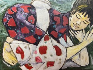 ‘Sleeping Geisha’ Contemporary Oil Artwork By Michael Jenkins Of Cumbria. Circa - 1966 20th Century Work Of Art Beautiful Oil Artwork Showing A Japanese Geisha Sleeping With Distinctive Appearance Wearing A Traditional Long Purple/ Red Kimono Gown With White Belt Tie At The Waist And Traditional Taka Shimala- Nihongami Wig. Wonderful Details With Striking Contemporary Pose Using Extremely Vibrant Colours. *The Colour Purple In Japan Denotes Royalty. * Geisha Are Japanese Art Entertainers That Practice Traditional Artforma Such As Dance & Singing. Very Pleasing Contemporary Artwork..Modern Art At It’s Best! A Beautiful Piece For Modern Apartment Setting Or Modern Home Centre Piece. Signed By Artist (Bottom Right Corner) & Set In Pale Green Painted Wood Frame. Brief Artist History Michael was born in London and educated in England, Scotland and Germany. He was always interested in art from an early age and at school was given freedom and encouragement to explore his grand passion whenever possible. Aged 15, he spent three weeks alone in Florence where he apparently “discovered” Renaissance art and on his first visit to the Uffizi, he says the vision of Botticelli’s Birth of Venus was an epiphany. He has taught in schools in Oxford, Canada, Scotland and lived and worked in the Lake District since 1972, retiring in 1996. Dimensions In Inches Height 27.5” Width 33.5” Frame Depth 2.5”