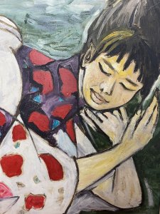 ‘Sleeping Geisha’ Contemporary Oil Artwork By Michael Jenkins Of Cumbria. Circa - 1966 20th Century Work Of Art Beautiful Oil Artwork Showing A Japanese Geisha Sleeping With Distinctive Appearance Wearing A Traditional Long Purple/ Red Kimono Gown With White Belt Tie At The Waist And Traditional Taka Shimala- Nihongami Wig. Wonderful Details With Striking Contemporary Pose Using Extremely Vibrant Colours. *The Colour Purple In Japan Denotes Royalty. * Geisha Are Japanese Art Entertainers That Practice Traditional Artforma Such As Dance & Singing. Very Pleasing Contemporary Artwork..Modern Art At It’s Best! A Beautiful Piece For Modern Apartment Setting Or Modern Home Centre Piece. Signed By Artist (Bottom Right Corner) & Set In Pale Green Painted Wood Frame. Brief Artist History Michael was born in London and educated in England, Scotland and Germany. He was always interested in art from an early age and at school was given freedom and encouragement to explore his grand passion whenever possible. Aged 15, he spent three weeks alone in Florence where he apparently “discovered” Renaissance art and on his first visit to the Uffizi, he says the vision of Botticelli’s Birth of Venus was an epiphany. He has taught in schools in Oxford, Canada, Scotland and lived and worked in the Lake District since 1972, retiring in 1996. Dimensions In Inches Height 27.5” Width 33.5” Frame Depth 2.5”
