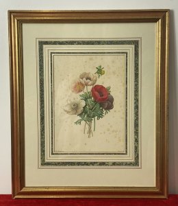 Pierre Joseph Redoutè Tulip Posey Original Vintage Lithograph Mounted & Framed. Composition - Original Printed Lithograph On Velum Circa - 1940’s Beautiful Lithograph Print Of A Posy Of Coloured Poppies Taken From ‘The Jardin De La Malmaison’ Coloured Plates 1798 By Pierre-Joseph Redoutè. This Is A Original Vintage Print Not A Reproduction Copy. Artwork Set In Hand Gilded And Montage Paper Boarder Behind Glass And Displayed In Original Gilt Frame. Brief Artist History Belgian Born Pierre- Joseph Redouté Was A Painter And Botanist. He Was First A Tutor At The Royal Court To French Queen Marie Antoinette. Pierre Became Best Known For His Appointment By Josephine Bonaparte To Paint Flowers From The Garden Of Malmaison Which Was A Horticultural Enclave Containing Over 2000 Plants With 250 Species In France. The Majority Of His Fine Illustrated Works Were Published In ‘The Jardin De La Malmaison’ Books Over A 3 Year Period. Pierre-Joseph Redoutè Is One Of The Most Eminent Botanical Painters Of All Time. Condition - Antique Vintage Showing Signs Of Discolouration And Marks To Paper Due To Age. Dimensions In Inches Frame Height X Width Lithograph Height X Width