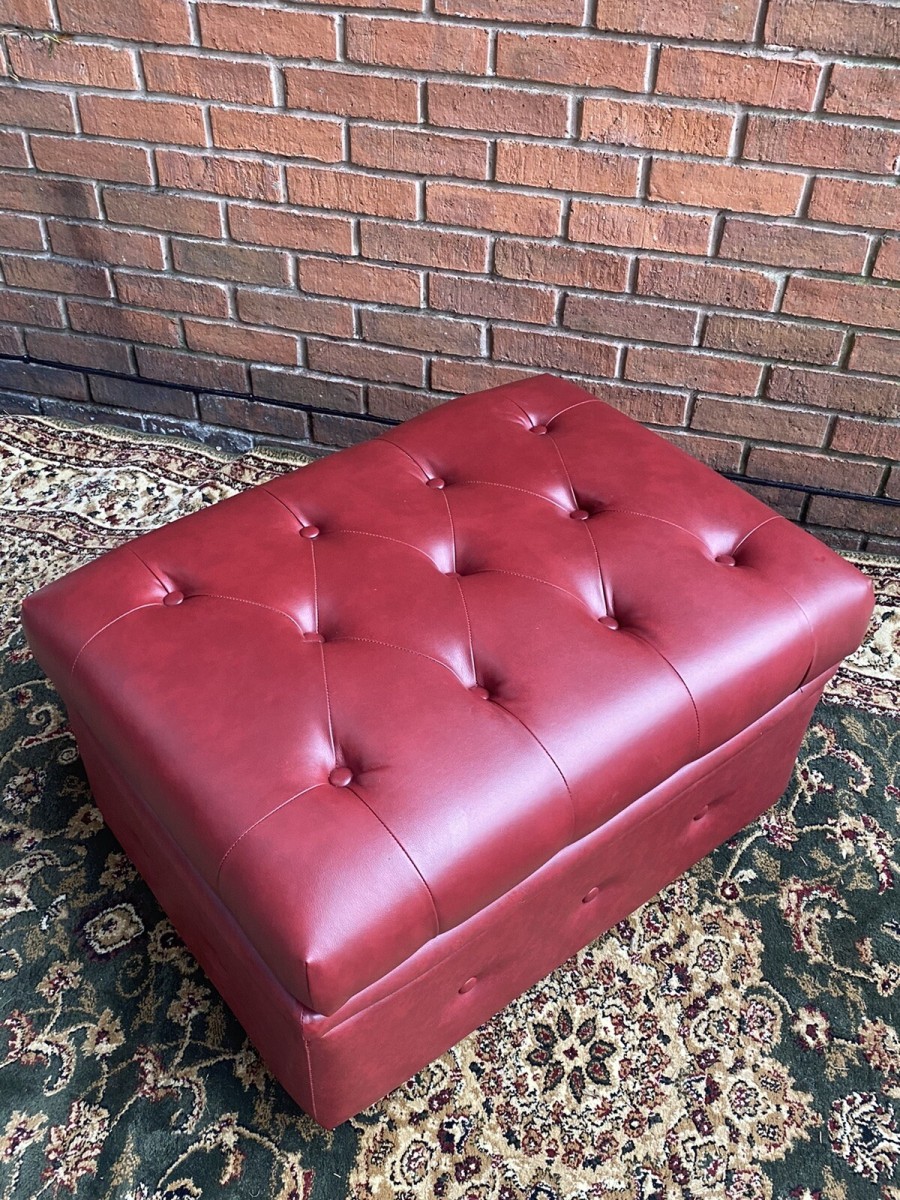 Large Red Leatherette Chesterfield Footstool With Internal Storage Compartment