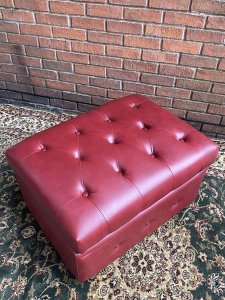 Large Red Leatherette Chesterfield Footstool With Internal Storage Compartment. Circa - Vintage Material - Faux Leather Large Rectangular Deep Buttoned Pillar-box Red Chesterfield Footstool With Sumptuous Cushioned Top And Deep Buttoned Side Details. Double Hinged Lift Up Lid Reveals Large Internal Storage Compartment For Books And Trinkets. Stands Upon Four Wood Bun Feet. *Purchase Price Is For One Footstool But A Pair Are Available. Both Could Be Delivered For Single Postage Costs Dimensions In Inches Height 19” Width 32” Depth 23”