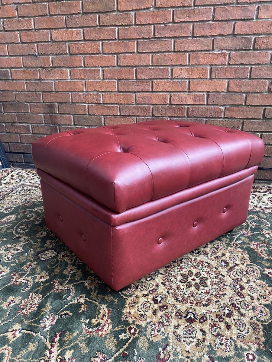 Large Red Leatherette Chesterfield Footstool With Internal Storage Compartment