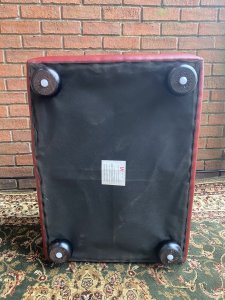 Large Red Leatherette Chesterfield Footstool With Internal Storage Compartment. Circa - Vintage Material - Faux Leather Large Rectangular Deep Buttoned Pillar-box Red Chesterfield Footstool With Sumptuous Cushioned Top And Deep Buttoned Side Details. Double Hinged Lift Up Lid Reveals Large Internal Storage Compartment For Books And Trinkets. Stands Upon Four Wood Bun Feet. *Purchase Price Is For One Footstool But A Pair Are Available. Both Could Be Delivered For Single Postage Costs Dimensions In Inches Height 19” Width 32” Depth 23”