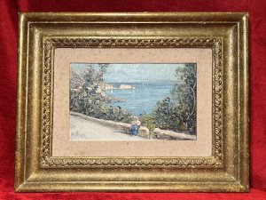 British Fine Art Oil Painting Of Portuguese Coastal View Attributed To Edward Seago Circa - 1950 Composition - Oil On Canvas Brief Artist History Edward Brian Seago March 31st 1910 - January 19th 1974 English Watercolour And Oil Artist Known For Beachscapes And Streetscenes. Edward Seago Briefly Studied With The Painter Sir Alfred Munnings, But Was Mostly Self Taught. Seago Worked In The Late Impressionistic Style Reminiscent Of John Singer Sargent. Seago's Work Is Characterised By Its Very Carefully Observed Colour Modulation And Grounded Sense Of Realism. Edward Seago's Works Are Notably Collected By British Royalty Including Queen Elizabeth, The Queen Mother And Prince Phillip, With Many Of His Finest Artwork Displayed On The Walls Balmoral. Today Seago's Artworks Are Found in Collections Of The Fine Art Gallery San Fransisco, The Royal Collection In London As Well As The National Portrait Gallery London. Listing Description Finely Detailed Impressionist Artwork Attributed To Edward Brian Seago Of Portuguese Coastal View With Forefront Depicting Female Sitting Upon A Wall On Roadside, Fabulous Sea View Behind With Surrounding Native Foliage, Central Coastal Town Bay And Sea Line Flowing Into The Distance. Vibrant Colour Palette Showing Landscape In Vivid Sunshine With Clear Skies And Rich Blue Seas. Quality Artwork Signed E SEAGO Set With Canvas Boarder In Original Gilt Frame. Condition - Excellent Showing Signs Of Damp To Canvas Boarder. Paintwork In Good Order. Dimensions In Inches Frame Height 14.5" X Width 18.5" Painting Height 6.5" X Width 10.5"