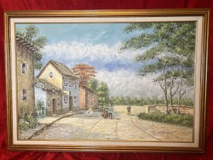 Large David Crespi 1928-1992 Mediterranean Village Oil Painting Circa - Mid 20th Century Composition - Oil On Canvas Artist Brief History Davis Crespi 1928-1992 Artist From The West Coast Of United States Of America. Practiced As A Educating Professor Whom Taught Art At Southern Connecticut Statue University 1969-74. Predominantly Known For Oil Paintings Of Village Scenes During All Seasons In Vibrant Colour Using Pallet Knife Technique As Well As Ceramics. Exhibited Works During In The Late 1960's In The Northern New York Art Exhibit, Columbia University Group Show & Yale University Starlight Festival & Westbury Arts Show. Listing Description Large Quality 20th Century Impressionist Oil Artwork On Canvas, By Accredited American Artist David E Crespi. A Wonderful Mediterranean Village Scene Showcasing A Central View Of The Road With Four Figures. Left Roadside With Row Of Shop Buildings With Hanging Signs, European Clay Roof Tiles, Windows With Shutters & Abundant Native Foliage Including Trees And Cacti. Stunning Scene In Vibrant Hues In Thick Paint Texture Using Pallet Knife Technique. Signed By Artist Right Bottom Corner And Set In Gilt Frame With Canvas Boarder. Dimensions In Inches Height 29" X Width 41" For Further Information Please Call 07376 618513 Thank-you