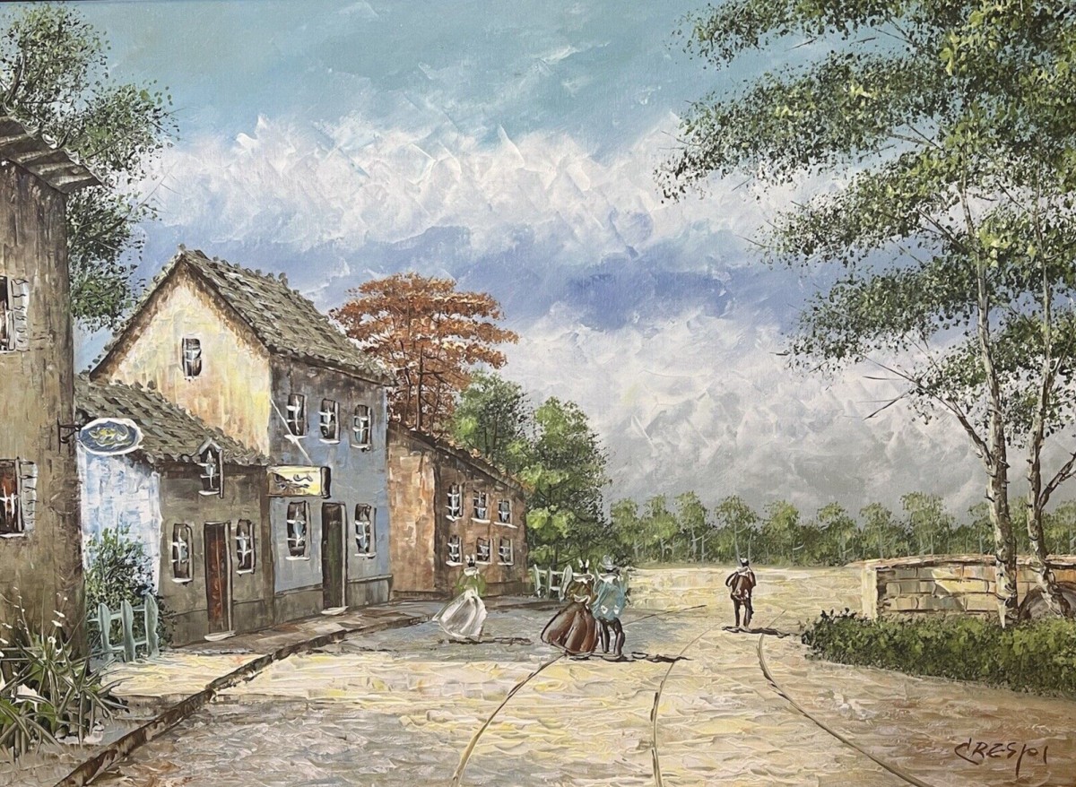20th Century David Crespi 1928-1992 Mediterranian Village Scene Oil Painting