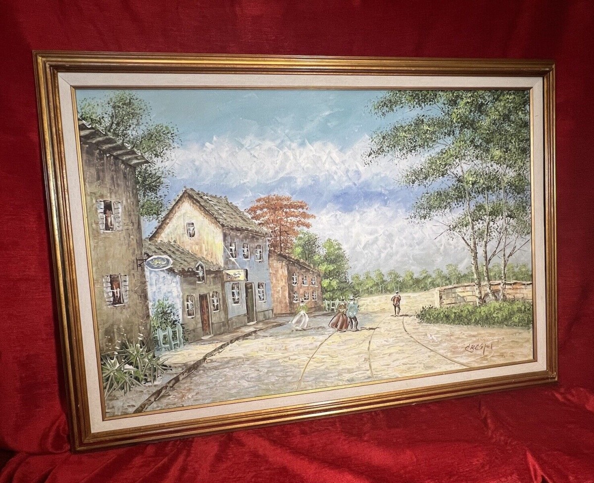 20th Century David Crespi 1928-1992 Mediterranian Village Scene Oil Painting