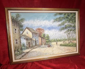 Large David Crespi 1928-1992 Mediterranean Village Oil Painting Circa - Mid 20th Century Composition - Oil On Canvas Artist Brief History Davis Crespi 1928-1992 Artist From The West Coast Of United States Of America. Practiced As A Educating Professor Whom Taught Art At Southern Connecticut Statue University 1969-74. Predominantly Known For Oil Paintings Of Village Scenes During All Seasons In Vibrant Colour Using Pallet Knife Technique As Well As Ceramics. Exhibited Works During In The Late 1960's In The Northern New York Art Exhibit, Columbia University Group Show & Yale University Starlight Festival & Westbury Arts Show. Listing Description Large Quality 20th Century Impressionist Oil Artwork On Canvas, By Accredited American Artist David E Crespi. A Wonderful Mediterranean Village Scene Showcasing A Central View Of The Road With Four Figures. Left Roadside With Row Of Shop Buildings With Hanging Signs, European Clay Roof Tiles, Windows With Shutters & Abundant Native Foliage Including Trees And Cacti. Stunning Scene In Vibrant Hues In Thick Paint Texture Using Pallet Knife Technique. Signed By Artist Right Bottom Corner And Set In Gilt Frame With Canvas Boarder. Dimensions In Inches Height 29" X Width 41" For Further Information Please Call 07376 618513 Thank-you