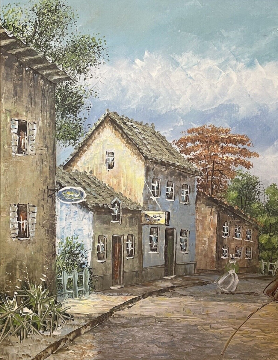 20th Century David Crespi 1928-1992 Mediterranian Village Scene Oil Painting