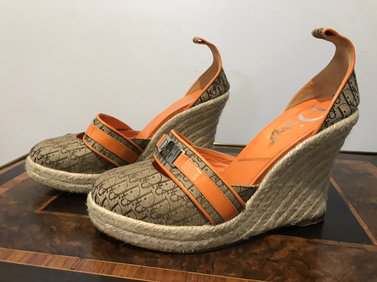 Primary image for Authentic Dior Orange Leather And Diorissimo Canvas Espadrille Wedges Size 5.5uk
