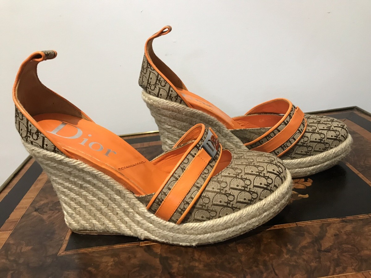 Authentic Dior Orange Leather And Diorissimo Canvas Espadrille Wedges Size 5.5uk