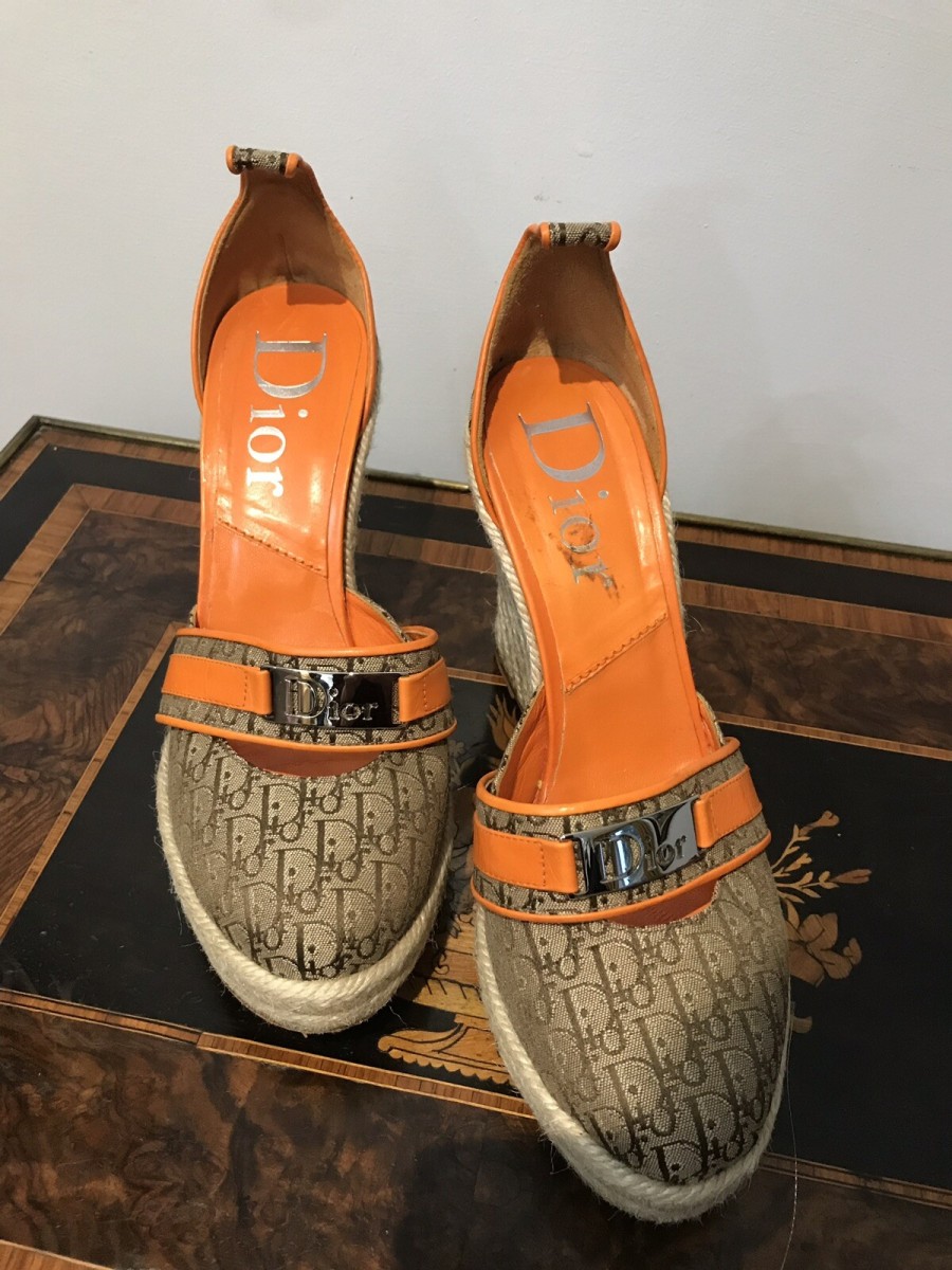 Authentic Dior Orange Leather And Diorissimo Canvas Espadrille Wedges Size 5.5uk