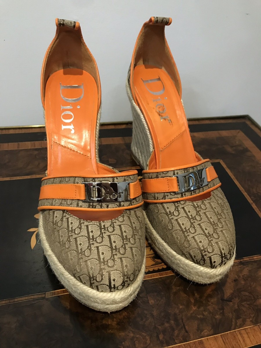 Authentic Dior Orange Leather And Diorissimo Canvas Espadrille Wedges Size 5.5uk