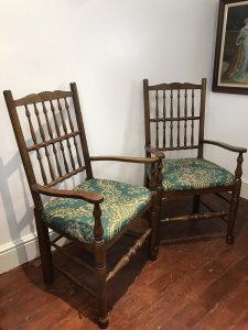 Fine Pair Victorian Spindle Back Country Armchairs Rare Clun Armchairs With Turned Stretchers And Pad Feet Made By A Carpenter In Clun Shropshire Circa 1880 High Quality Turned Spindles Aka Arrow-backs With Comfortable Lift Up Seats Very Solid High Quality Chairs And Very Ornate With Sweeping Arms 12 Spindles Set In The Back Of The Chairs Weighs Approx 30kg Each Chair Dimensions In Inches Height 42.5” Seat Height 19” Width 23” Depth 19”