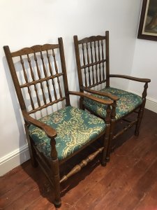 Fine Pair Victorian Spindle Back Country Armchairs Rare Clun Armchairs With Turned Stretchers And Pad Feet Made By A Carpenter In Clun Shropshire Circa 1880 High Quality Turned Spindles Aka Arrow-backs With Comfortable Lift Up Seats Very Solid High Quality Chairs And Very Ornate With Sweeping Arms 12 Spindles Set In The Back Of The Chairs Weighs Approx 30kg Each Chair Dimensions In Inches Height 42.5” Seat Height 19” Width 23” Depth 19”