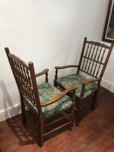 Fine Pair Victorian Spindle Back Country Armchairs Rare Clun Armchairs With Turned Stretchers And Pad Feet Made By A Carpenter In Clun Shropshire Circa 1880 High Quality Turned Spindles Aka Arrow-backs With Comfortable Lift Up Seats Very Solid High Quality Chairs And Very Ornate With Sweeping Arms 12 Spindles Set In The Back Of The Chairs Weighs Approx 30kg Each Chair Dimensions In Inches Height 42.5” Seat Height 19” Width 23” Depth 19”