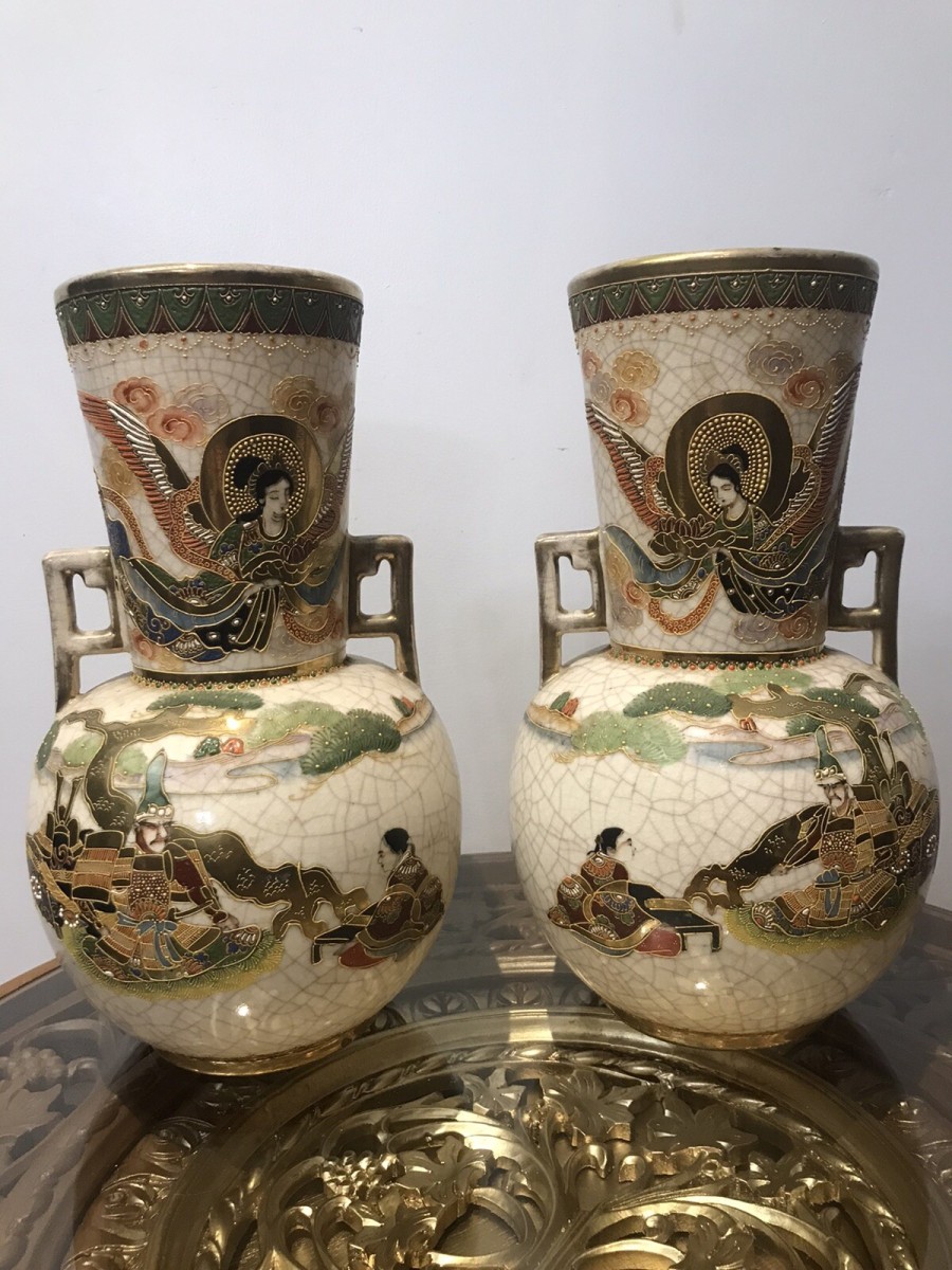 Primary image for Antique Pair Of Japanese 19th Century Cracked Glaze Arch Angel Satsuma Vases