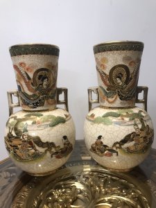 Fine Antique Pair Of Japanese 19th Century Satsuma Vases Stunning Hand Painted Delicate Borders And Intricate Gilding With Arch Angel Figures On The Neck Of The Vase, Samurai Warriors And Fine Landscape Artwork On The Bases Cracked Glaze Effect And Stamped On The Base Please Note These Are Antique Vases There Is Slight Wear To The Gilt Work On The Handles But Overall Stunning Condition No Damage Dimensions In Inches Height 12.5” Width 7” Neck Width 5” Circumference 23”