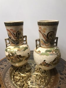 Fine Antique Pair Of Japanese 19th Century Satsuma Vases Stunning Hand Painted Delicate Borders And Intricate Gilding With Arch Angel Figures On The Neck Of The Vase, Samurai Warriors And Fine Landscape Artwork On The Bases Cracked Glaze Effect And Stamped On The Base Please Note These Are Antique Vases There Is Slight Wear To The Gilt Work On The Handles But Overall Stunning Condition No Damage Dimensions In Inches Height 12.5” Width 7” Neck Width 5” Circumference 23”
