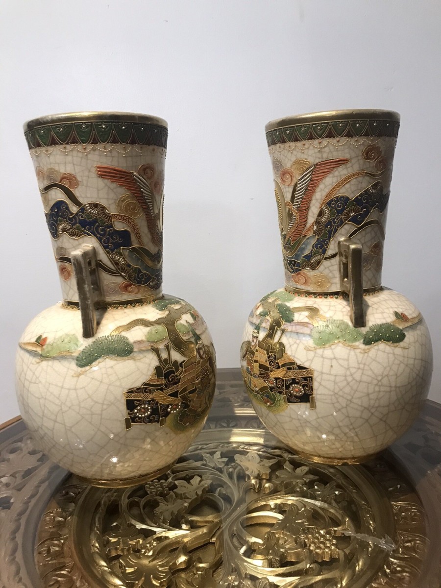 Antique Pair Of Japanese 19th Century Cracked Glaze Arch Angel Satsuma Vases