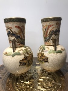 Fine Antique Pair Of Japanese 19th Century Satsuma Vases Stunning Hand Painted Delicate Borders And Intricate Gilding With Arch Angel Figures On The Neck Of The Vase, Samurai Warriors And Fine Landscape Artwork On The Bases Cracked Glaze Effect And Stamped On The Base Please Note These Are Antique Vases There Is Slight Wear To The Gilt Work On The Handles But Overall Stunning Condition No Damage Dimensions In Inches Height 12.5” Width 7” Neck Width 5” Circumference 23”