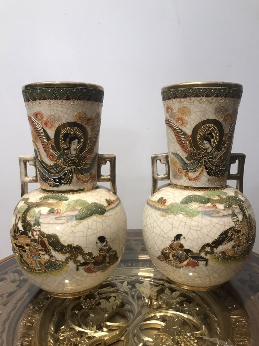 Antique Pair Of Japanese 19th Century Cracked Glaze Arch Angel Satsuma Vases