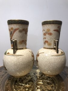 Fine Antique Pair Of Japanese 19th Century Satsuma Vases Stunning Hand Painted Delicate Borders And Intricate Gilding With Arch Angel Figures On The Neck Of The Vase, Samurai Warriors And Fine Landscape Artwork On The Bases Cracked Glaze Effect And Stamped On The Base Please Note These Are Antique Vases There Is Slight Wear To The Gilt Work On The Handles But Overall Stunning Condition No Damage Dimensions In Inches Height 12.5” Width 7” Neck Width 5” Circumference 23”