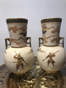 Fine Antique Pair Of Japanese 19th Century Satsuma Vases Stunning Hand Painted Delicate Borders And Intricate Gilding With Arch Angel Figures On The Neck Of The Vase, Samurai Warriors And Fine Landscape Artwork On The Bases Cracked Glaze Effect And Stamped On The Base Please Note These Are Antique Vases There Is Slight Wear To The Gilt Work On The Handles But Overall Stunning Condition No Damage Dimensions In Inches Height 12.5” Width 7” Neck Width 5” Circumference 23”
