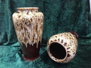 Fine Pair Art Deco Melba Ware Drip Glaze Fine Arts Vases Unique Design Cylindrical Shaped Vase With Contest Drop Glaze In Dark Brown Nd White Drip Signed In The Bases Melba Ware Fine Arts Collectable And Perfect Condition Provenance Part Of Lord Hill Museum Fine Arts Collection Dimensions In Inches Height 10.5” Diameter 17.5” Top Rim Diameter 3.2” Depth