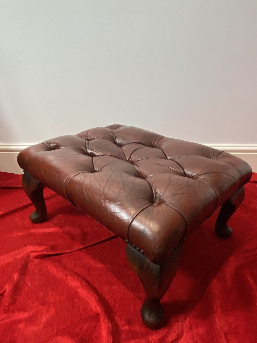 Primary image for Vintage Red Leather Chesterfield Footstool Set Upon Mahogany Queen Anne Legs