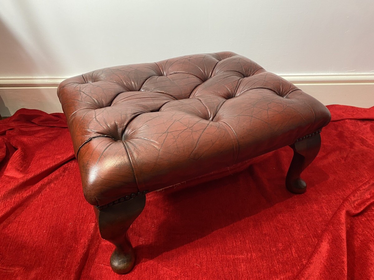 Vintage Red Leather Chesterfield Footstool Set Upon Mahogany Queen Anne Legs