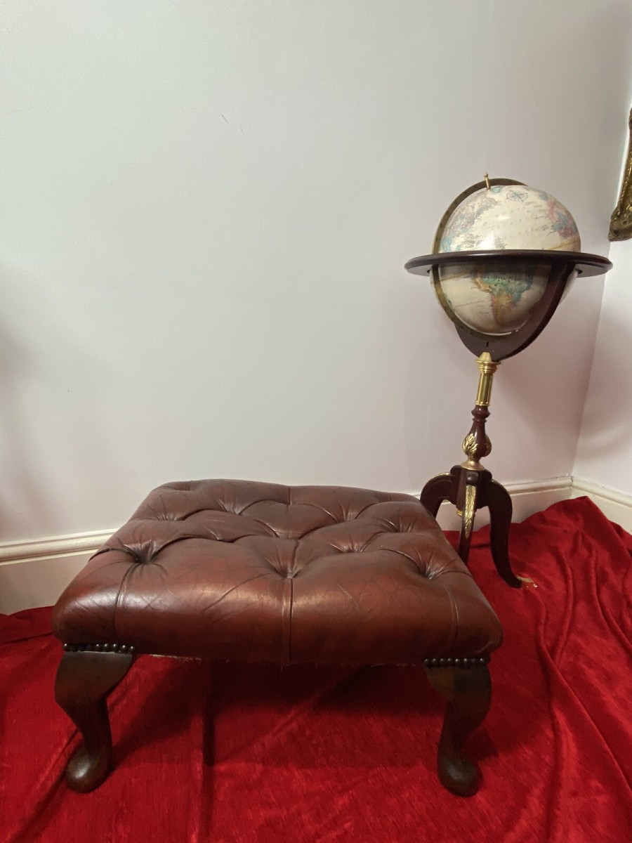 Vintage Red Leather Chesterfield Footstool Set Upon Mahogany Queen Anne Legs
